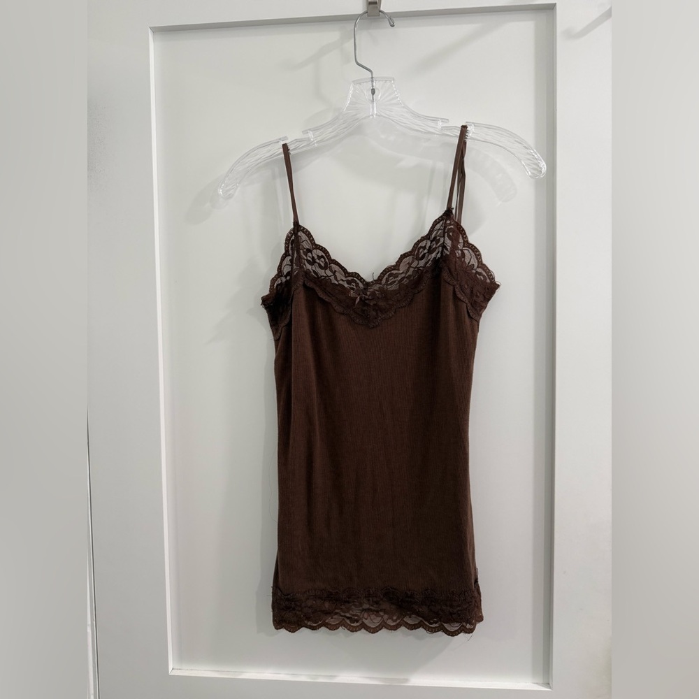 Miki Biki brown cotton ribbed camisole w/ lace (fair) ( medium juniors)